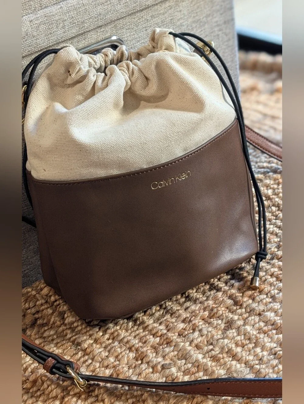 Calvin Klein Brown and Cream Canvas Drawstring Crossbody Bucket Bag Equestrian